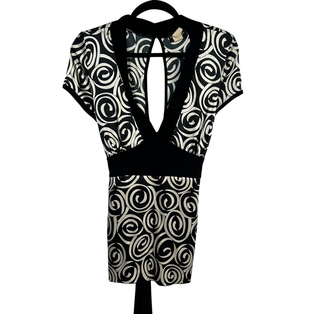 Whimsygoth Swirl Print Keyhole Tunic Top‎ L Black White Retro psychedelic Y2K
